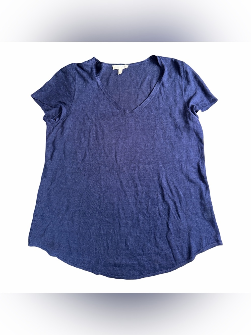 Eileen Fisher Blue Organic Linen Short Sleeve Knit Top Womens Size M